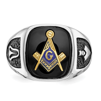 10K Weißgold und Vergoldet Poliert Strukturiert mit Schwarz Emaille Onyx Freimaurer Ring