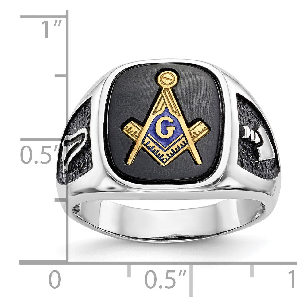 10K Weißgold und Vergoldet Poliert Strukturiert mit Schwarz Emaille Onyx Freimaurer Ring