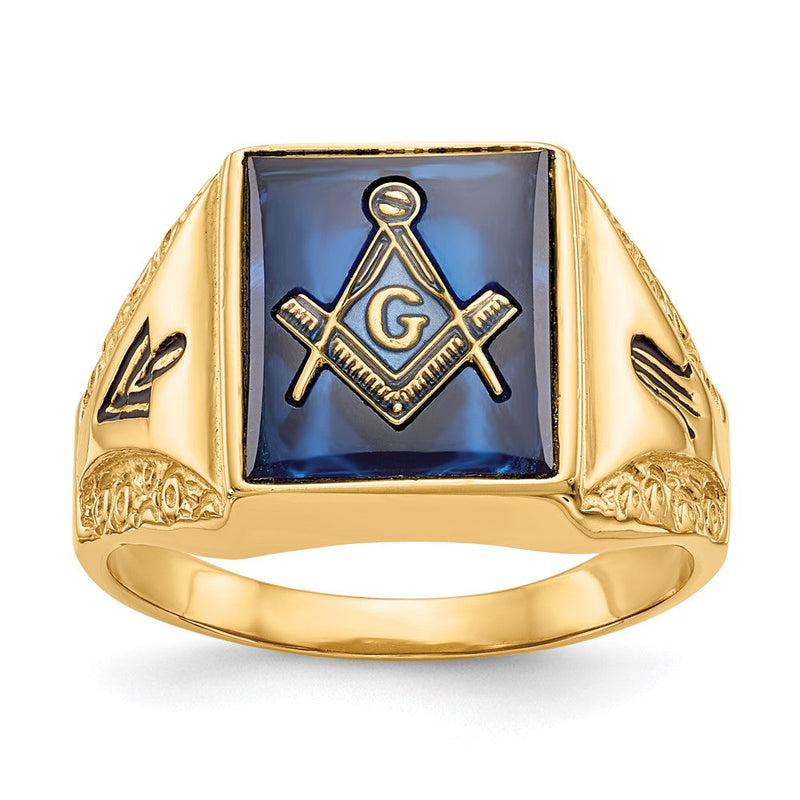 10K Gelbgold Herren Poliert, Antikisiert und Strukturiert mit Imitat Blau Spinell Freimaurer Ring