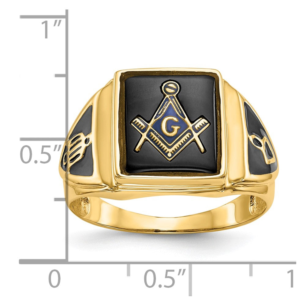 10K Gelbgold Herren Poliert, Antikisiert & Strukturiert Onyx Freimaurer Ring