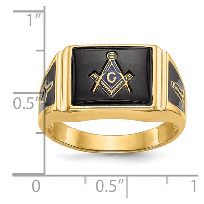 10K Gelbgold Herren Poliert und Strukturiert mit Schwarz Emaille Onyx Freimaurer Ring