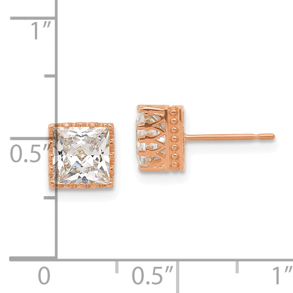 10K Roségold Tiara Kollektion 7mm Poliert Quadratisch Zirkonia Ohrringe