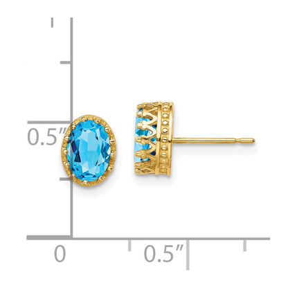 10K Gelbgold Tiara Kollektion 8.5mm Poliert Oval Himmel Blautopas Ohrringe