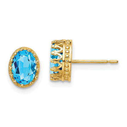 10K Gelbgold Tiara Kollektion 8.5mm Poliert Oval Himmel Blautopas Ohrringe