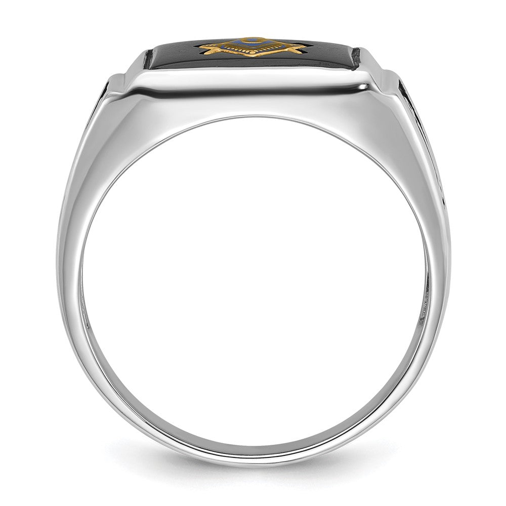 10K Weißgold Herren Poliert und Strukturiert mit Schwarz Emaille Onyx Freimaurer Ring