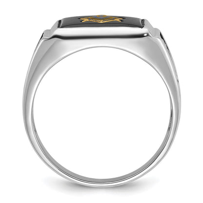 10K Weißgold Herren Poliert und Strukturiert mit Schwarz Emaille Onyx Freimaurer Ring