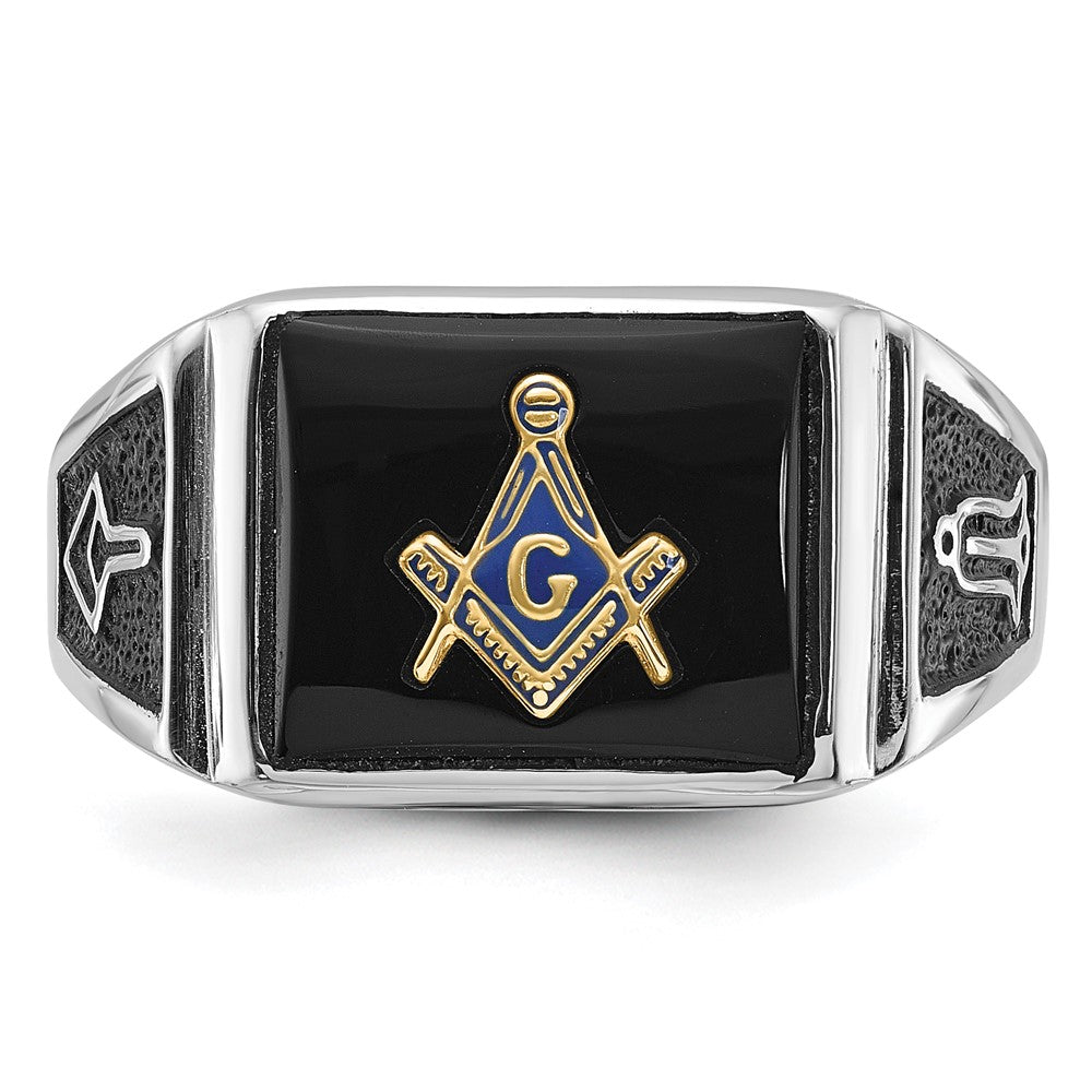 10K Weißgold Herren Poliert und Strukturiert mit Schwarz Emaille Onyx Freimaurer Ring