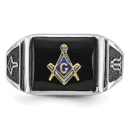 10K Weißgold Herren Poliert und Strukturiert mit Schwarz Emaille Onyx Freimaurer Ring