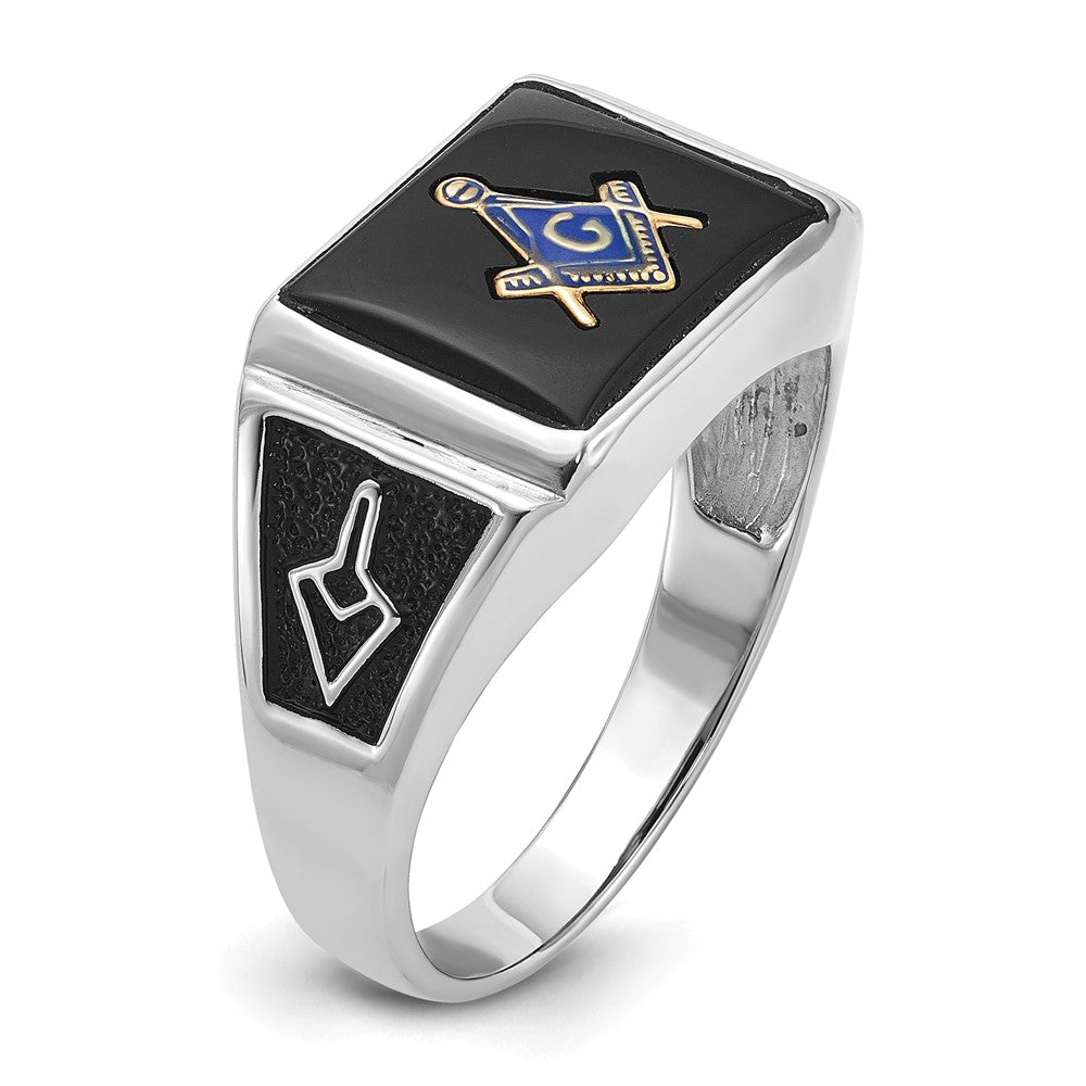 10K Weißgold Herren Poliert und Strukturiert mit Schwarz Emaille Onyx Freimaurer Ring