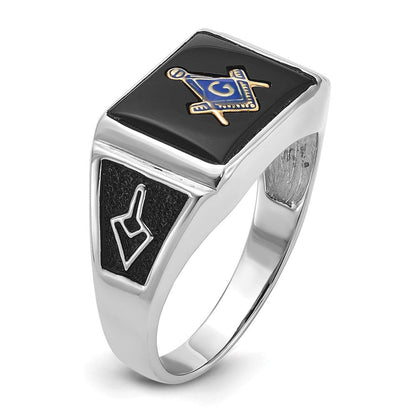 10K Weißgold Herren Poliert und Strukturiert mit Schwarz Emaille Onyx Freimaurer Ring
