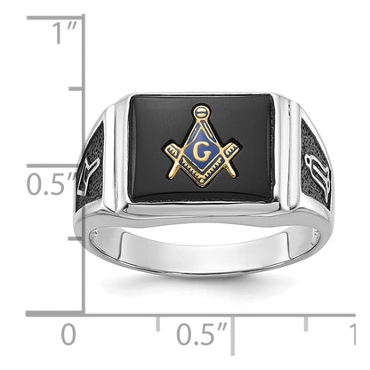 10K Weißgold Herren Poliert und Strukturiert mit Schwarz Emaille Onyx Freimaurer Ring