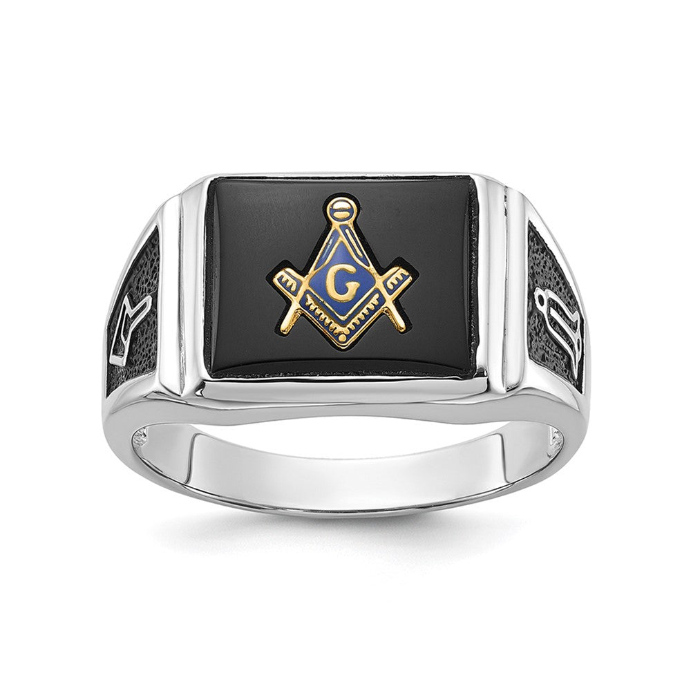 10K Weißgold Herren Poliert und Strukturiert mit Schwarz Emaille Onyx Freimaurer Ring