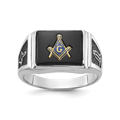 10K Weißgold Herren Poliert und Strukturiert mit Schwarz Emaille Onyx Freimaurer Ring