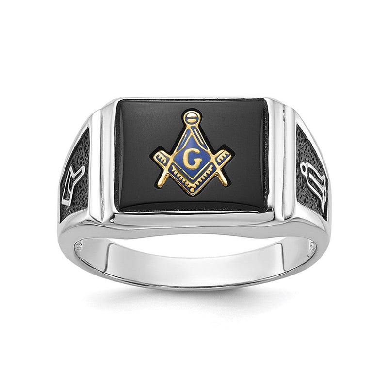 10K Weißgold Herren Poliert und Strukturiert mit Schwarz Emaille Onyx Freimaurer Ring