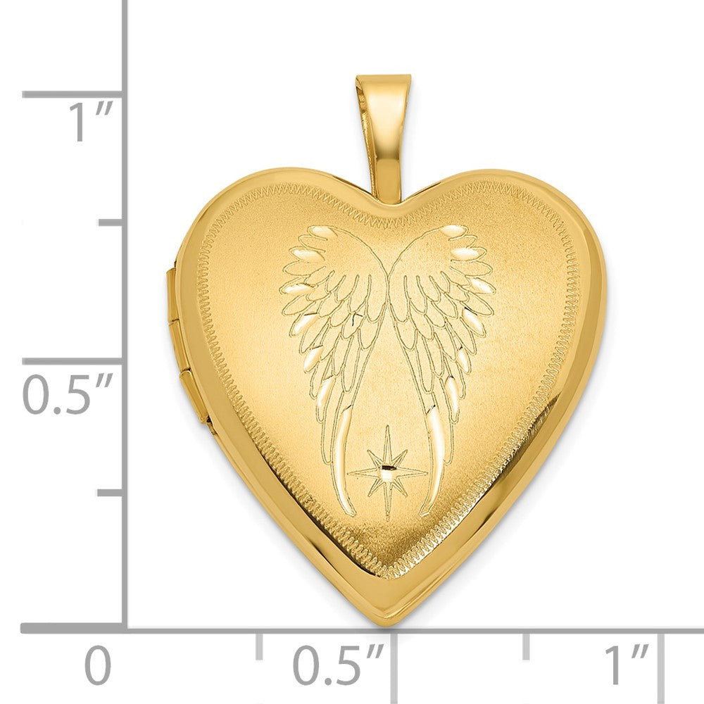14K Gelbgold Satiniert und Poliert Engel Flügel 20mm Herz Medaillon
