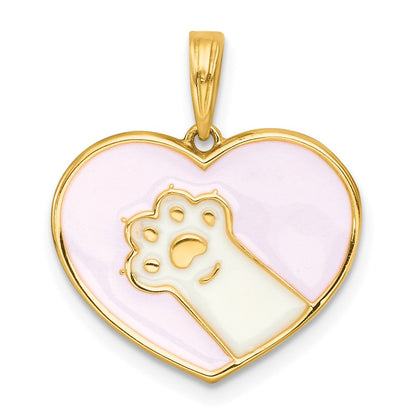 14K Gelbgold Polierter Emaille-Pfotenabdruck-Charm in rosa Herz