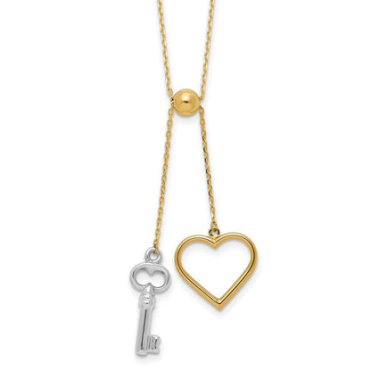 14K Bicolor Gold Bicolor Poliert Verstellbar-dangle Herz und Key 17 Zoll Lariat Halskette