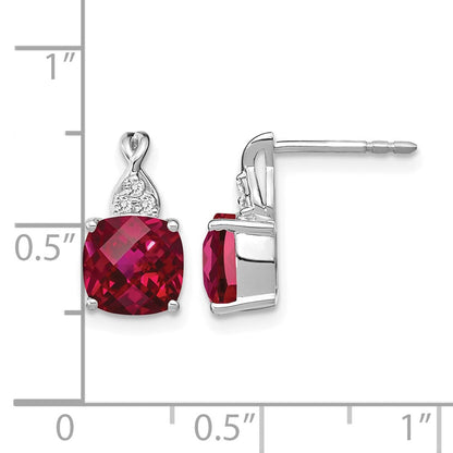 14K Weißgold Ohrstecker mit 7 mm Kissenschliff-Schachbrettmuster-Juli/Labor-Rubin und Diamanten
