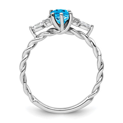 14K Weißgold Ring mit Diamant und 7x5 ovalem Dezember-/Blautopas, Größe 7, gedreht