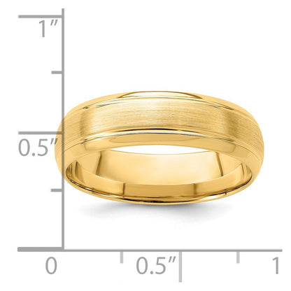 14K Gelbgold 6 mm Ehering, Standardgewicht, Komfort-Passform, gebürstet, satiniert, mit Linienkante
