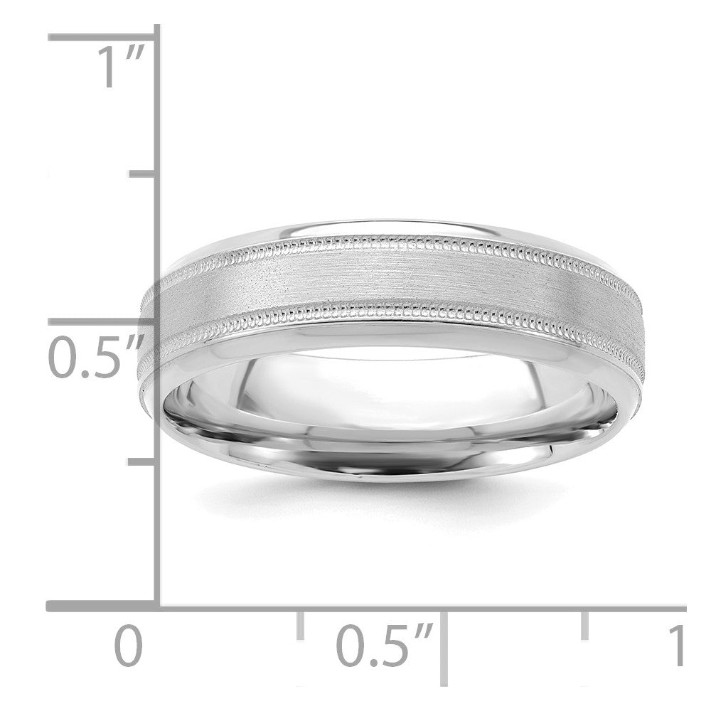 14K Weißgold 6 mm Ehering mit Standardgewicht, Komfort-Passform, gebürstet-satiniertem/poliertem Finish, Milgrain und gerillter Kante