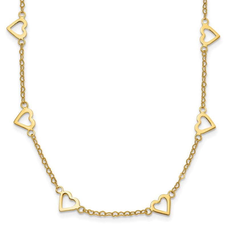 14K Gelbgold Poliert Offen Herzen mit Herz Glieder Kette 24 Zoll Station Halskette
