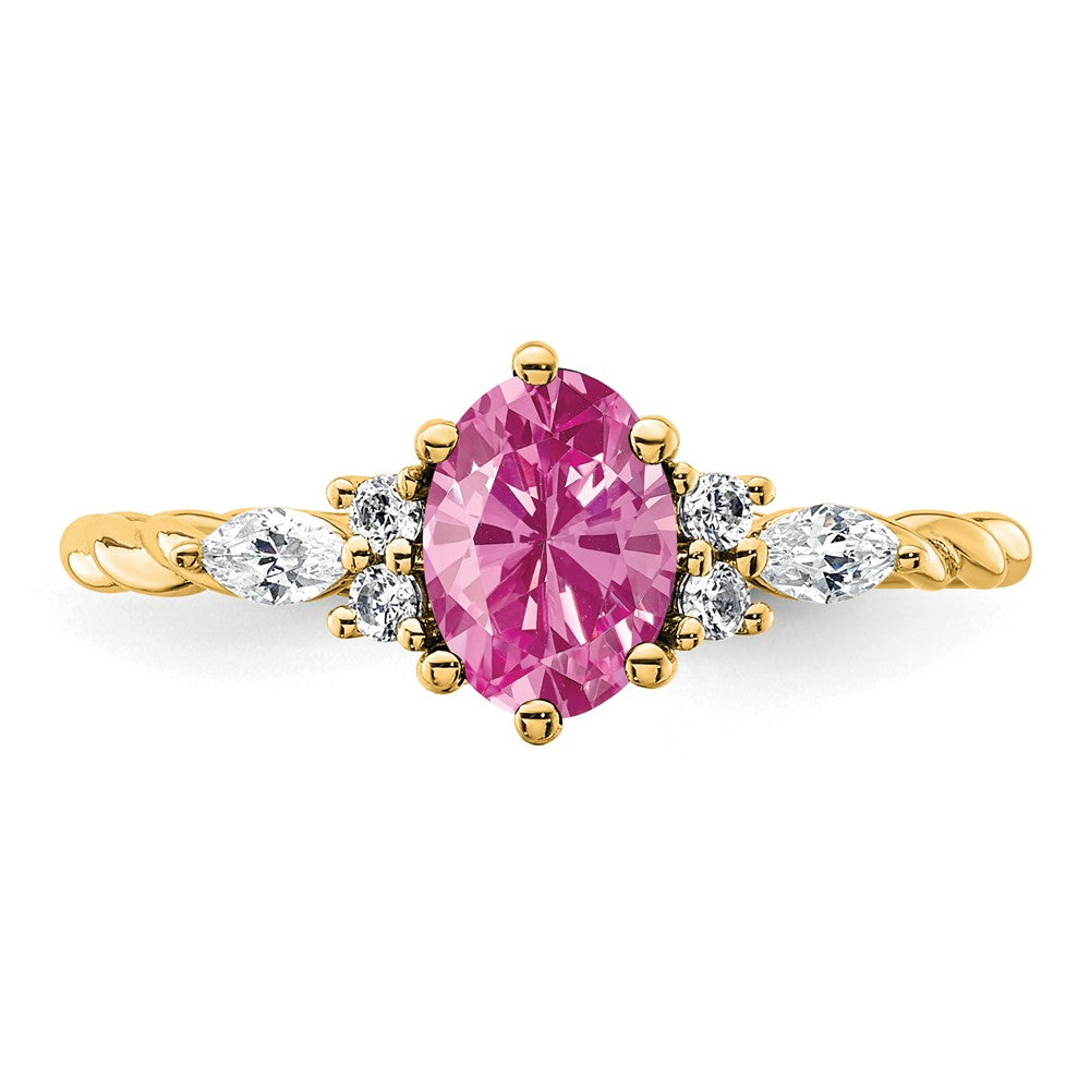 14K Gelbgold Ring mit Diamanten und 7x5 ovalem Oktober-Geburtsstein/im Labor gezüchtetem Rosa Saphir, Größe 7, gedreht