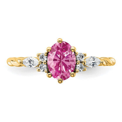 14K Gelbgold Ring mit Diamanten und 7x5 ovalem Oktober-Geburtsstein/im Labor gezüchtetem Rosa Saphir, Größe 7, gedreht
