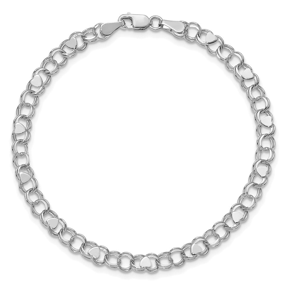 14K Weißgold 4mm Massiv Doppelt Glieder mit Herzen Charm Armband