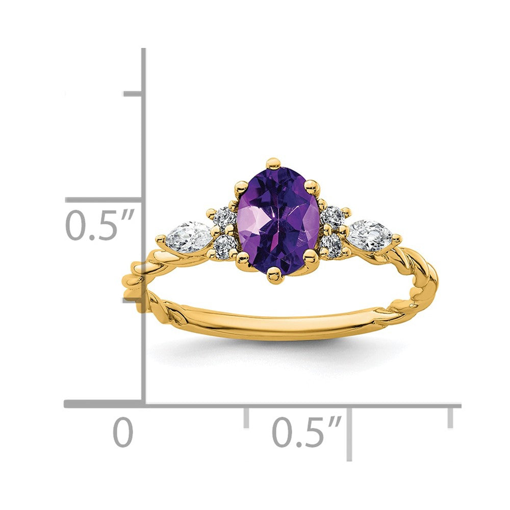 14K Gelbgold Ring mit Diamant und 7x5 ovalem Februar-/Amethyst-Stein, Größe 7, gedreht