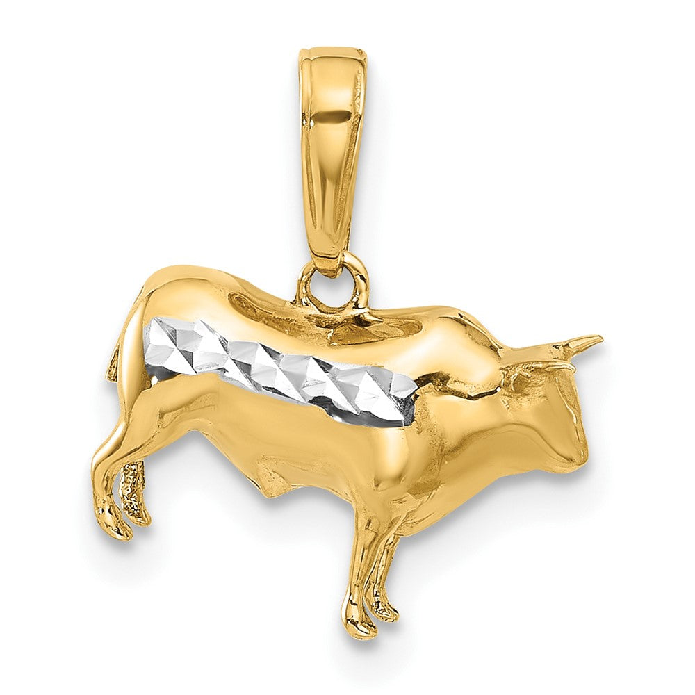 14K Gelbgold und Rhodium Diamant-geschliffener 3-D Bulle Anhänger