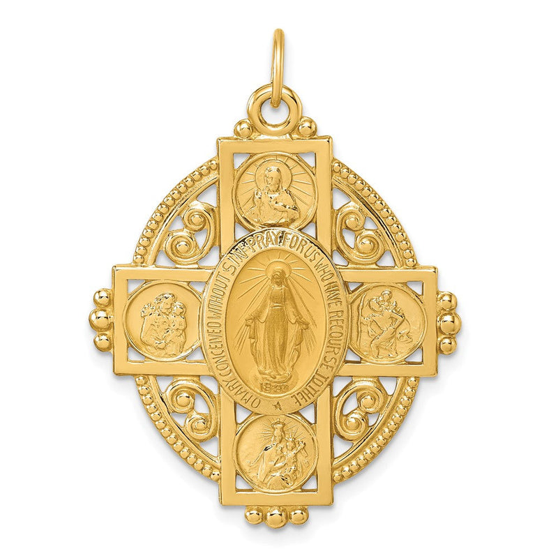 14K Gelbgold Poliert Wundertätig Medaille und Vier-way Kreuz in Filigran Oval Anhänger