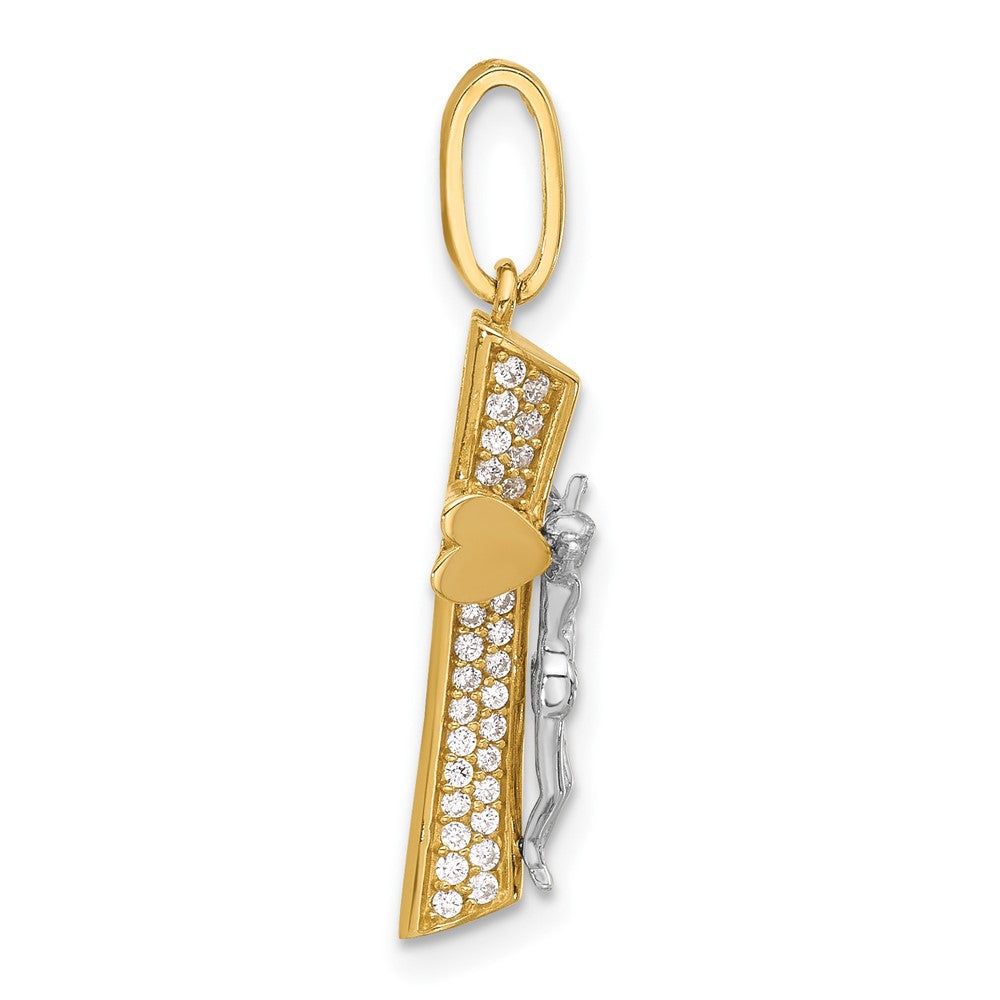 14K Bicolor Gold Zweifarbiger Polierter Zirkonia-Kruzifix-Anhänger mit Herzenden