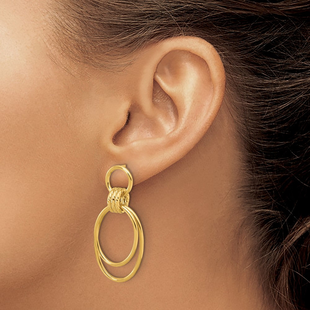 14K Gelbgold Poliert und Strukturiert Oval Hängend Ohrstecker