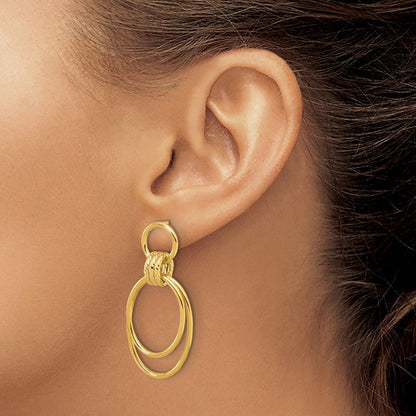14K Gelbgold Poliert und Strukturiert Oval Hängend Ohrstecker