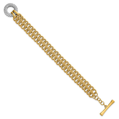 14K Gelbgold mit Rhodium 12.25mm Strukturiert Fantasie Kette mit Zirkonia Knebel 7.5 Zoll Armband