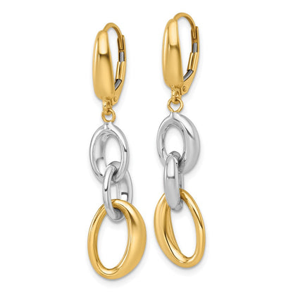 14K Bicolor Gold Bicolor Poliert Fantasie Oval Glieder Hängend Ohrhänger mit Brisur