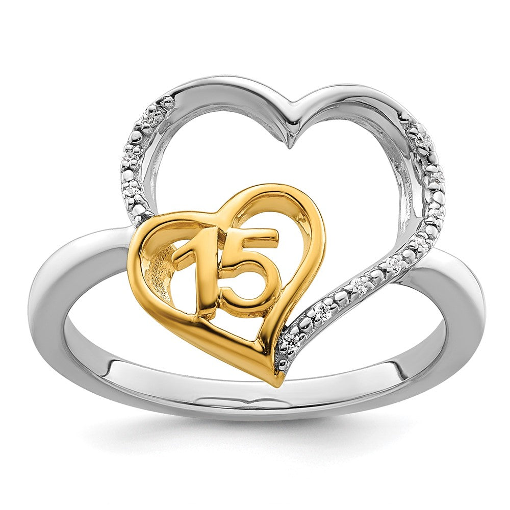 14K Zweifarbiger Gold Polierter Diamant-Herz-Ring zur Quinceañera