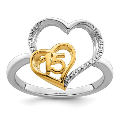 14K Zweifarbiger Gold Polierter Diamant-Herz-Ring zur Quinceañera