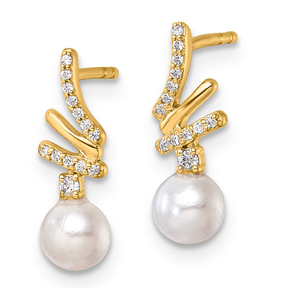 14K Gelbgold Ohrhänger mit poliertem Finish, 0,1K Diamant und Süßwasser-Zuchtperlen, mit Steckverschluss