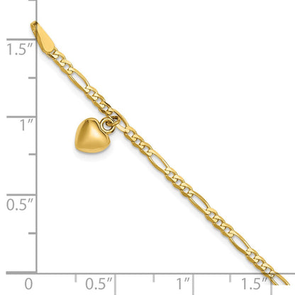 14K Gelbgold Figaro Glieder Kette mit Dangling Gewölbt Herz Fußkettchen