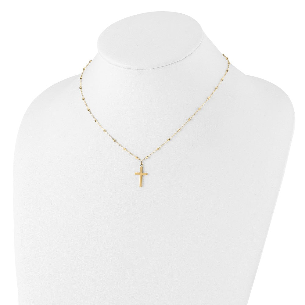 14K Gelbgold Mirror Gekugelt Kette mit Poliert Kreuz Anhänger 16.25 Zoll Halskette Plus 2 Zoll Verlängerung