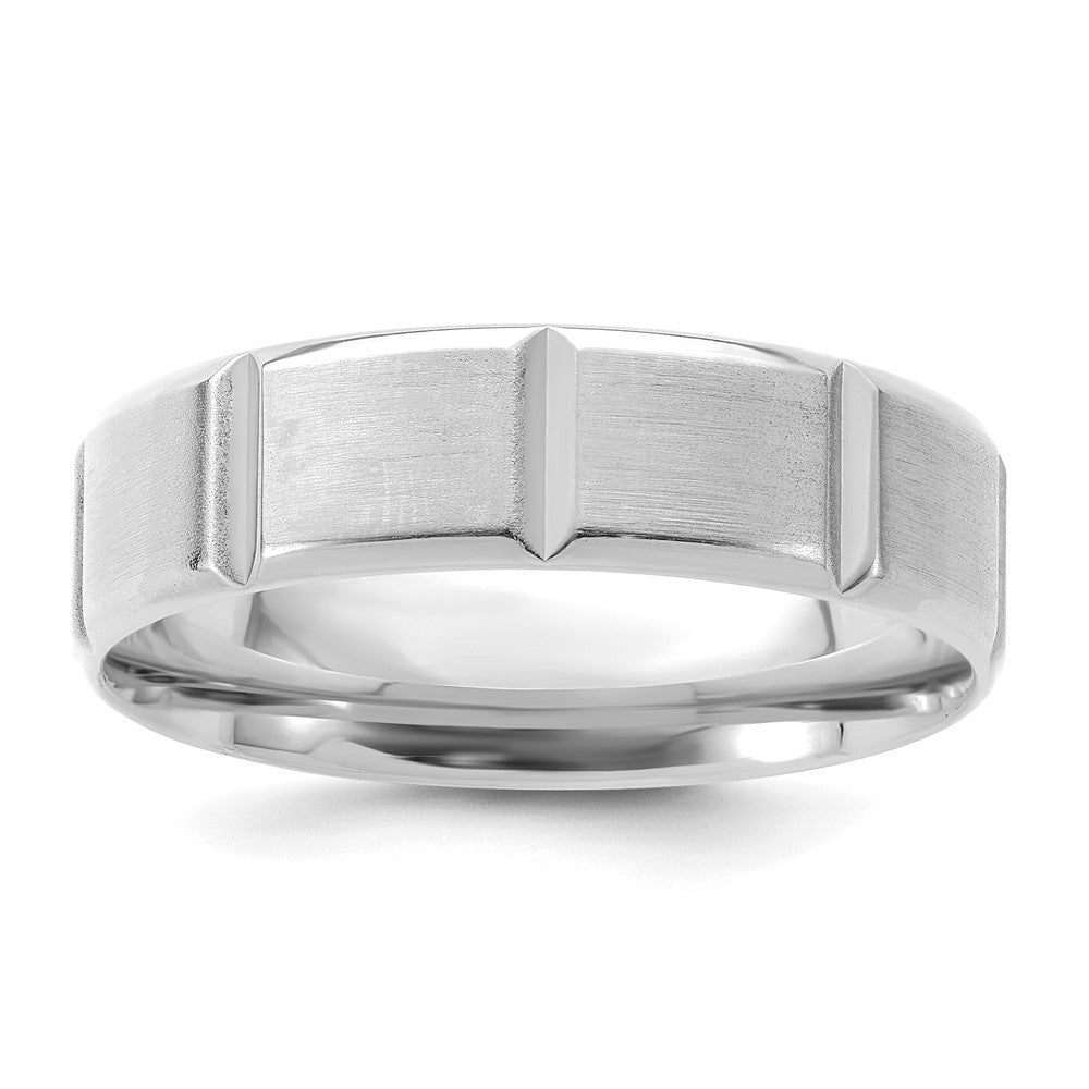 14K Weißgold 6 mm leichter Ehering mit Komfort-Passform, gebürsteter/polierter, abgeschrägter Kante und vertikalen Linien
