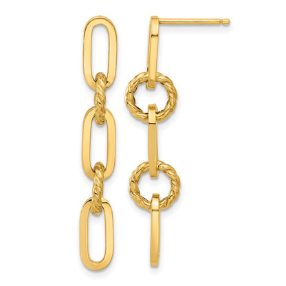 14K Gelbgold Poliert und Strukturiert Kette Glieder Hängend Ohrstecker
