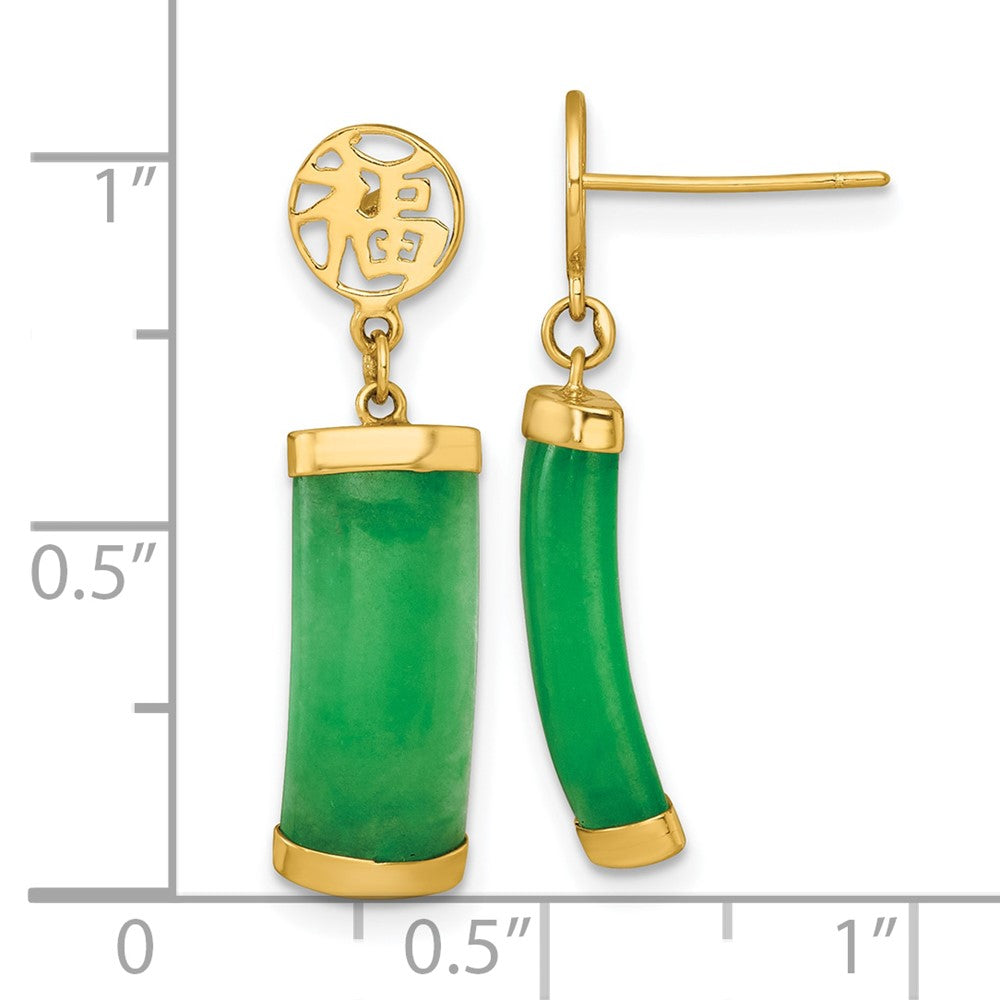 14K Gelbgold Poliert Good Luck Symbol und Jade Gewölbt Stab Hängend Ohrstecker