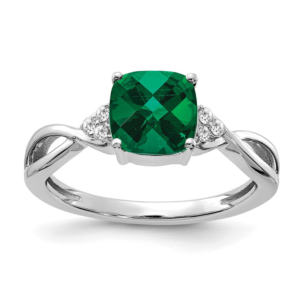 14K Weißgold 7mm Kissen Schachbrett May/im Labor Erzeugt Smaragd und Diamant Ring