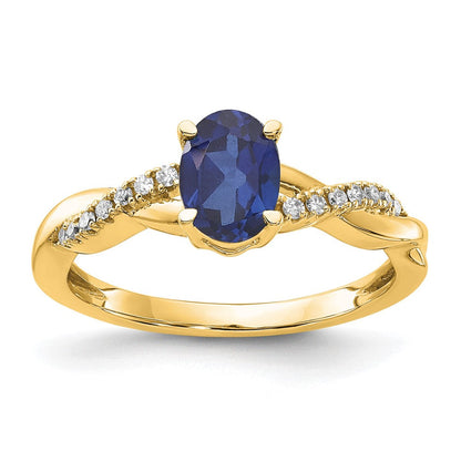14K Gelbgold 7x5 Oval September/im Labor Erzeugt Saphir und Diamant Größe 7 Ring