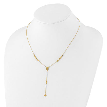 14K Gelbgold Poliert Wundertätig Medaille und Kreuz Rosenkranz Design 17.75 Zoll Y-drop Halskette