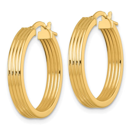 14K Gelbgold Poliert und Gerillt 4.00 X 24mm Röhre Creolen