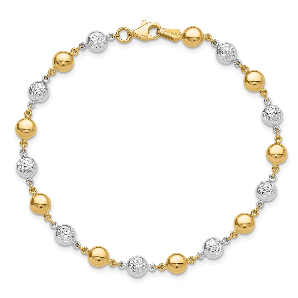 14K Bicolor Gold Bicolor Poliert und Diamantiert Gewölbt Perlen 7.75 Zoll Armband